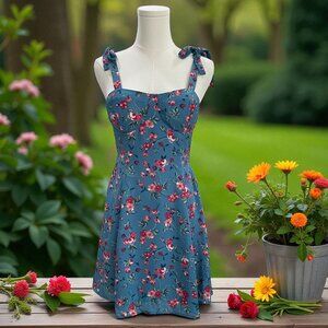 Lily Rose Floral Tie‎ Strap Mini Dress Small Cottagecore Coquette Vacation Blue